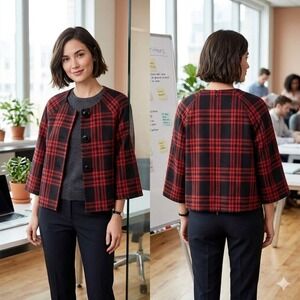 Larry Levine Plaid Jacket Red Black Cropped Raglan Sleeve Academia Office Sz 14